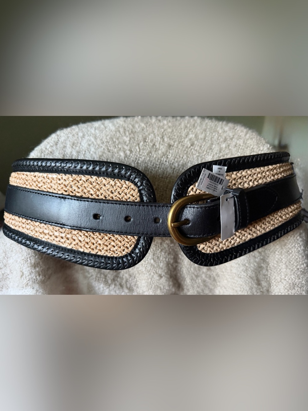 NWT WHBM Black Leather&Natural Straw Belt with Brass Buckle